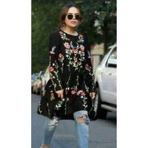 AA&ZZ Women's Relaxed Floral Embroidered Black Drop Swing Dress Tunic